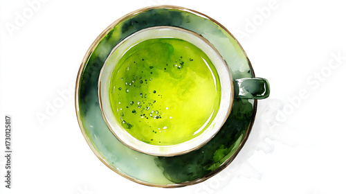 Overhead View of Green Tea on Saucer in Watercolor Illustration on white background