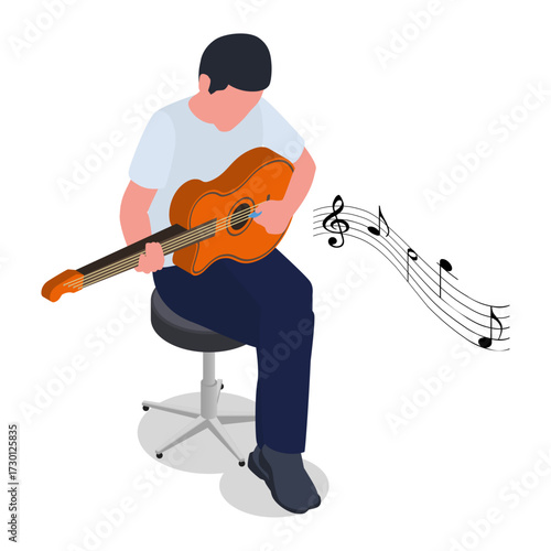 Young man playing acoustic guitar, seated and surrounded by musical notes, creating a melodic scene
