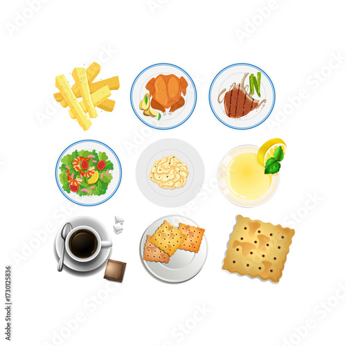 Assortment of Food and Drinks for a Meal - Top View