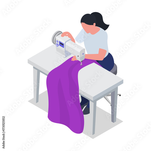 Woman sewing fabric on a sewing machine at a table