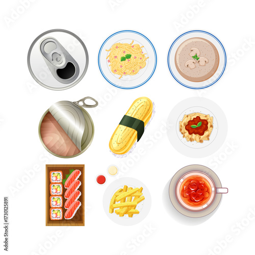 Assortment of delicious and diverse food items presented from a top-down perspective