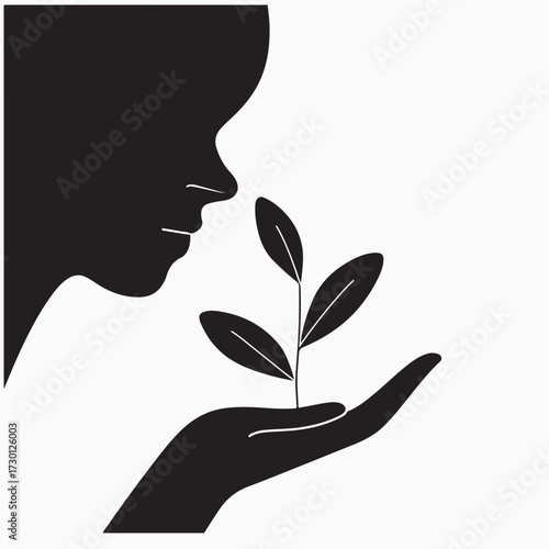 Person Profile Silhouette Smelling Small Plant Held in Hand Nature and Senses Vector Illustration.