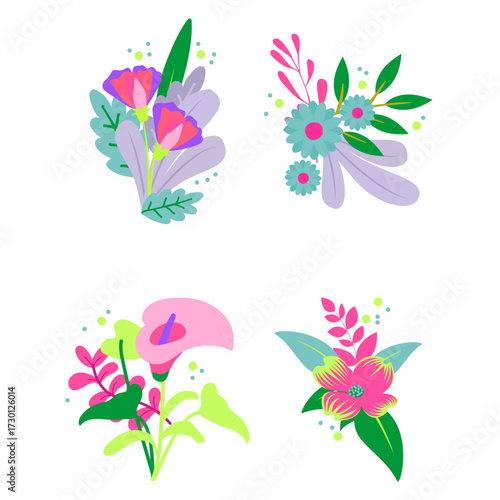 Collection of Diverse Floral Arrangements Featuring Vibrant Colors and Organic Shapes