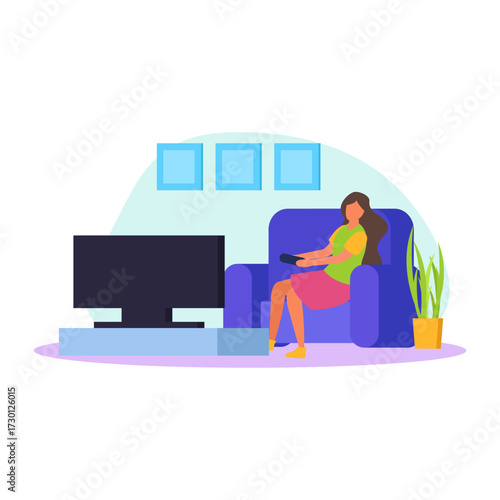 Woman relaxing on a sofa watching television with a remote control in hand