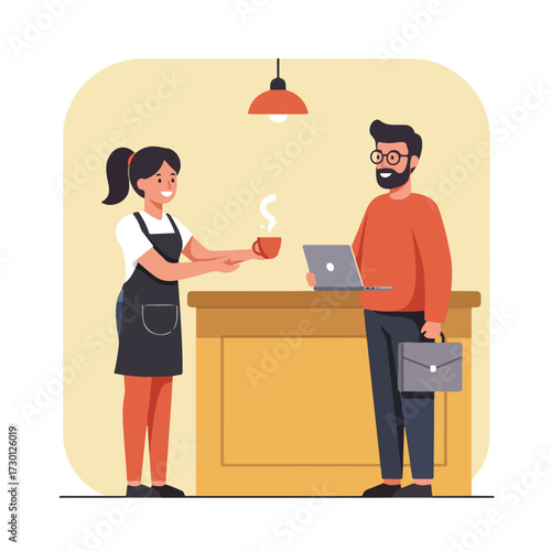 Waitress serves coffee to a man with laptop and briefcase in a warm-toned space