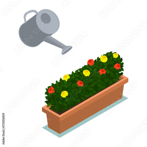 Watering plants in a planter with a watering can, healthy green foliage and colorful flowers