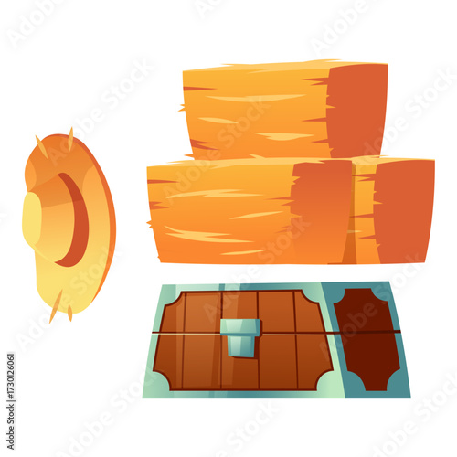Hay bales and treasure chest with straw hat, classic cartoon illustration