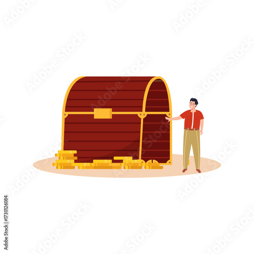 Man Standing Next to a Treasure Chest Filled With Gold Coins