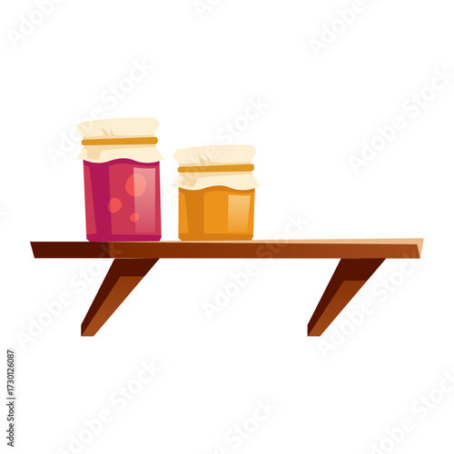 Two jars of preserves and jam displayed on a wooden shelf, isolated on a white background