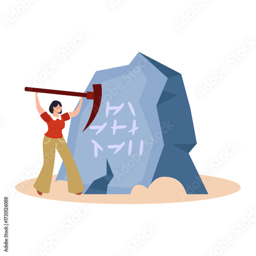 Woman excavating a stone tablet with ancient symbols and hieroglyphs