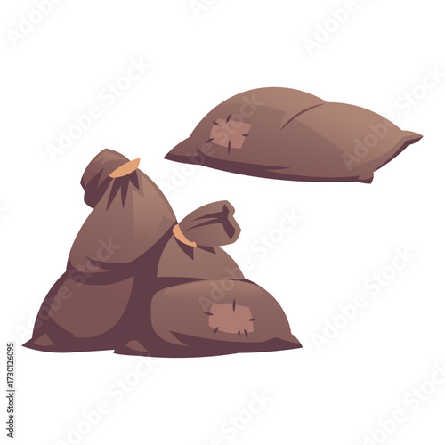 Brown sacks full of goods, tied with ropes, ready for transport or storage