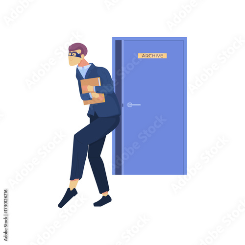 A stealthy person in a mask holding documents near an archive door, representing corporate espionage and data theft