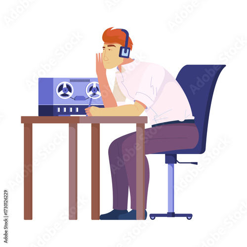 Young man wearing headphones listening to audio on a reel-to-reel tape recorder at a desk