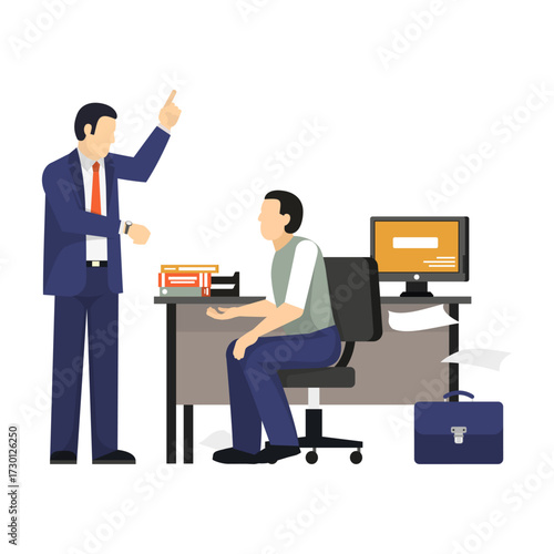 Frustrated Manager Scolding Employee at Desk with Computer and Briefcase