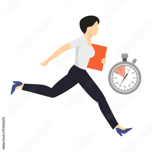 Busy professional woman running with a folder next to a stopwatch, symbolizing time management and deadlines