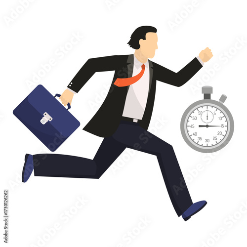 Businessman running with briefcase and stopwatch symbolizing urgency and deadline pressure