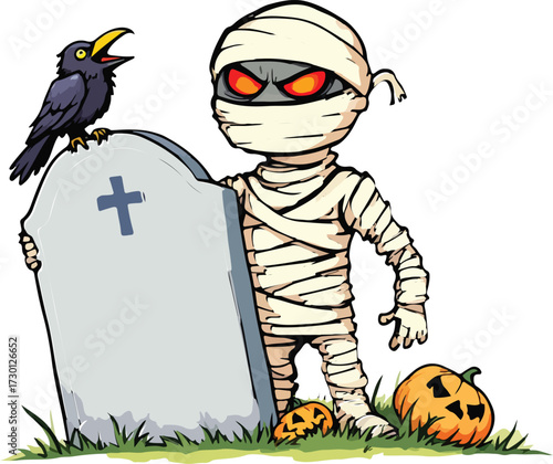 Cartoon Halloween illustration with mummy gravestone crow pumpkins jack‑o‑lantern spooky festive vector design