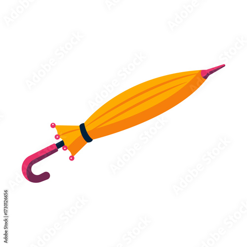 A closed yellow umbrella with a pink handle, ready for protection against the elements