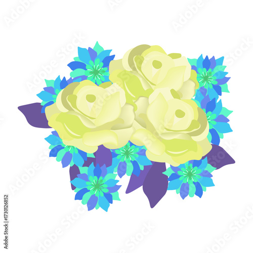 Light Yellow Roses and Blue Flowers Bouquet with Purple Leaves - Elegant Floral Arrangement