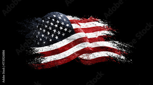 Distressed Grunge American Flag Waving With Artistic Brushstroke Texture on a Solid Black Background