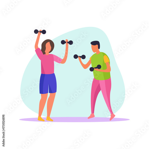 Illustration of a man and woman exercising with dumbbells in a gym or home fitness setting
