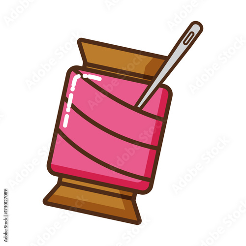 Pink thread spool with needle, illustration, sewing supplies, crafting and DIY tools, textile concept
