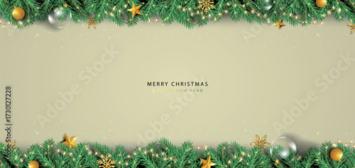 Christmas decoration border golden glitter confetti with fir branches and sparkles of lights on cream background. Bright Christmas and New Year design holiday frame. Vector illustration