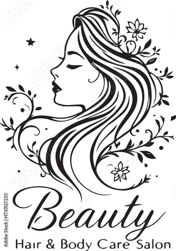 Black and white beauty salon logo illustration with elegant woman profile floral hair care branding vector design