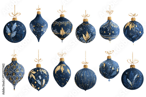 Midnight blue ornaments, gold glitter accents, warm lights