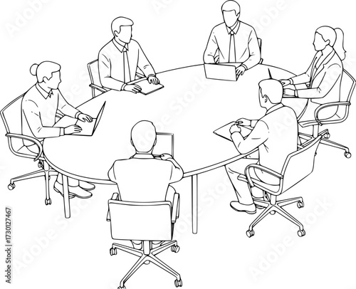 A minimalistic circular meeting setup featuring seven outlined figures around an oval table