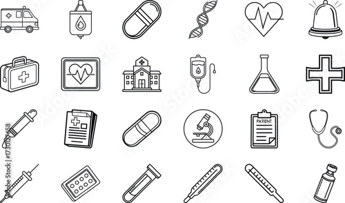 Hospital, Ambulance, DNA, Pills, Syringe, Stethoscope, Microscope, First Aid Kit, Thermometer, Report, Injection, Emergency Bell, Vaccine, Laboratory Flask, and Medical Cross Line Icons on White Backg