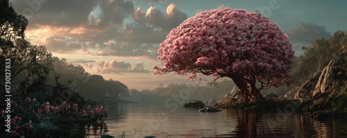 Human brain tree blooming for self care concept. Serene landscape featuring a vibrant pink tree near calm waters.