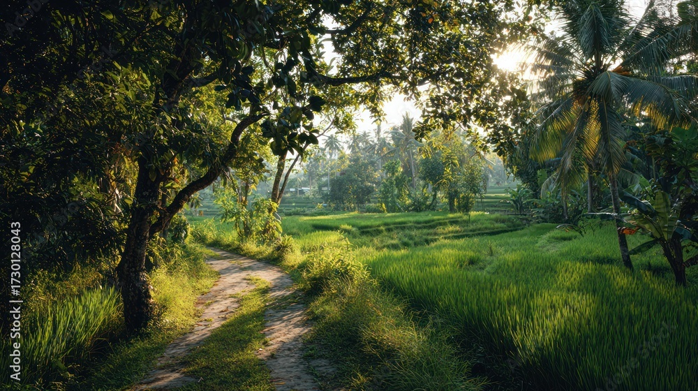 Obraz premium Winding path through lush green rice fields, bright sunlight filters through trees overhead
