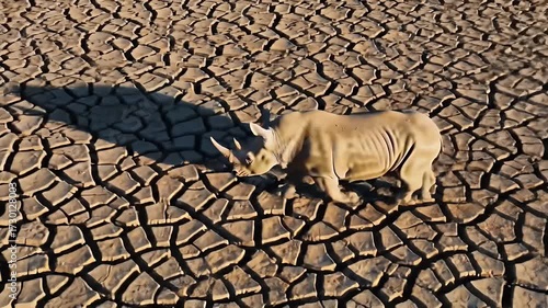 Aerial View of White Rhinoceros Walking on Dry Cracked Earth Top Down Wildlife Drone Shot in Sunny Day South Africa Background Seamless Pattern Desert Animal Habitat Migration