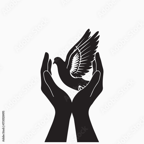 Hands Holding a Flying Dove Symbol of Peace Freedom and Hope Vector Illustration.