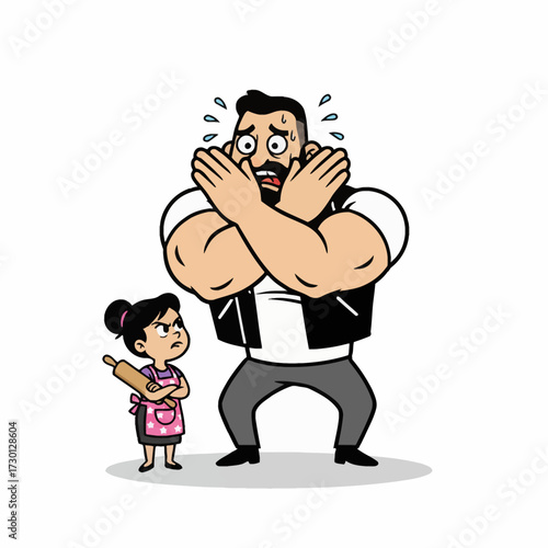 Domestic Dominance High-res vector illustration showing a badass biker-type man looking helpless in front of his minute, angry spouse. Use for fear or relationship themes.