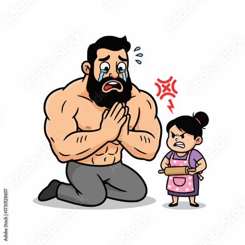 Wife's Rolling Pin Power Funny thick-line vector of a huge husband cowering from his small, dominant wife. Ideal for gender role reversal and satire content.