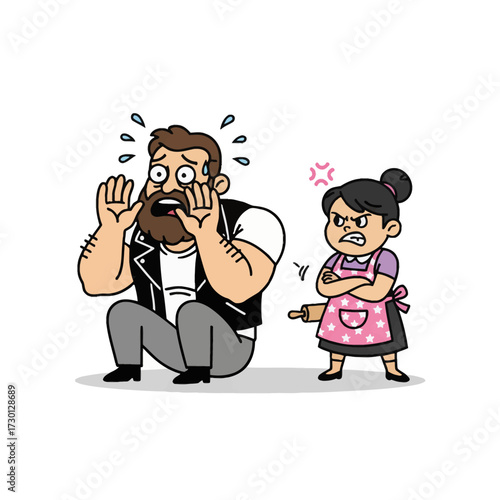 Husband Under Control Bold, flat vector of a huge, tough guy sweating in fear as his tiny wife asserts dominance. Great for marital comedy and domestic satire.