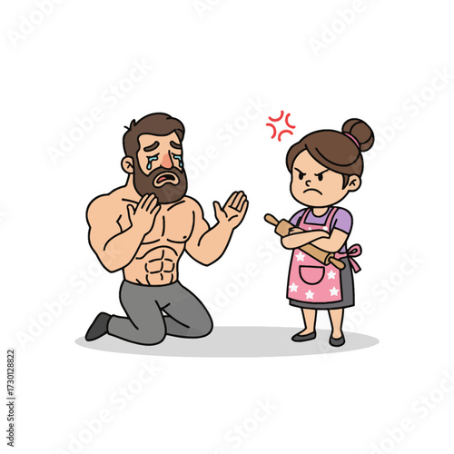 Scared Tough Guy High-quality, scalable vector art featuring a strong man with a pitiful, helpless expression facing domestic discipline. Use for marriage jokes.