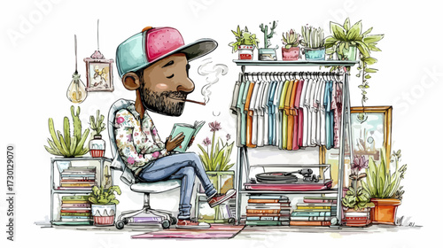 Illustration of a man reading a book and relaxing in an interior setting
