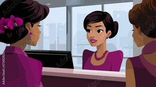 Illustration of people interacting at a counter in an office setting