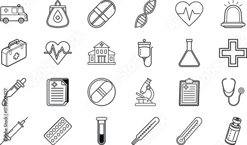 Hospital, Ambulance, DNA, Pills, Syringe, Stethoscope, Microscope, First Aid Kit, Thermometer, Report, Injection, Emergency Bell, Vaccine, Laboratory Flask, and Medical Cross Line Icons on White Backg