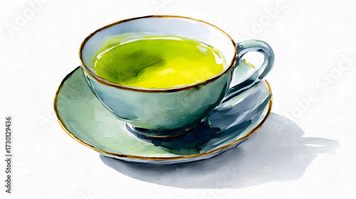 Elegant Green Tea on Saucer in Watercolor Illustration on white background