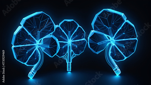 A futuristic low poly design of kidneys depicted in glowing blue polygonal shapes, set against a dark background, emphasizing health, medical science, and technological innovation