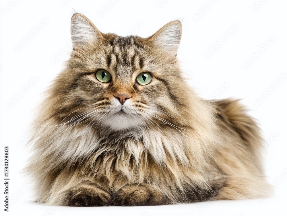 Obraz premium Majestic Maine Coon: A gorgeous Maine Coon cat with captivating green eyes, sits elegantly, its luxuriant fur flowing around it, in a striking portrait.