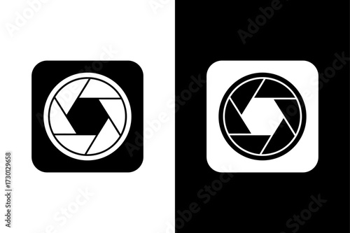 Camera Lens Icon on Black and White Background.