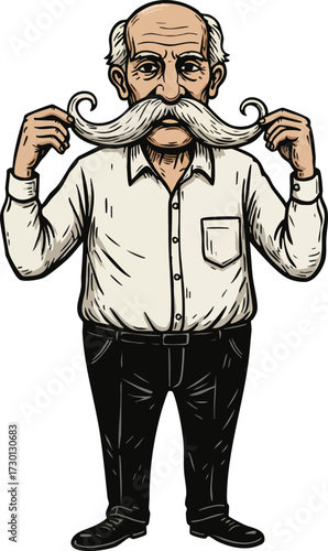 Elderly man with large curled mustache adjusting facial hair in casual clothing vector illustration 