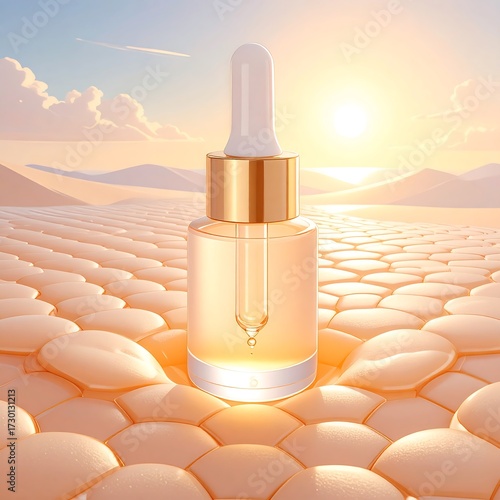 Glass dropper bottle of serum sits on textured surface, backlit by warm sunset