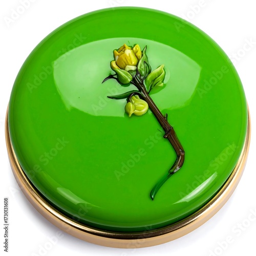 Glossy green circular object with a yellow rose motif