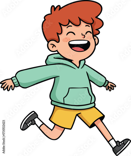 Happy redheaded boy running joyfully in green hoodie and yellow shorts cartoon vector illustration 